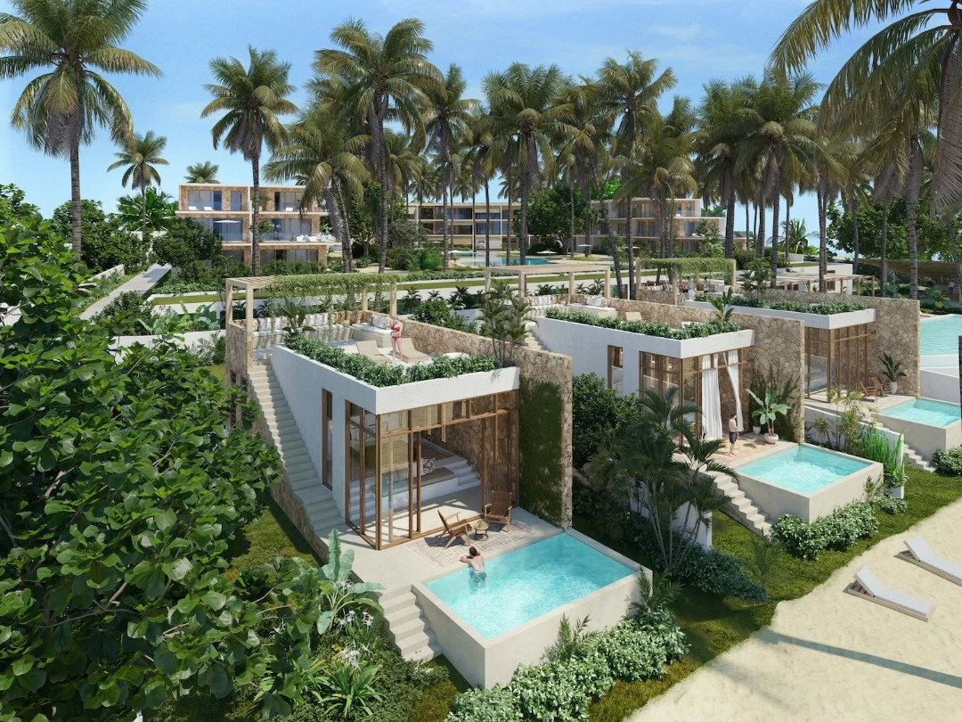 Luxurious beachside villas with palm trees